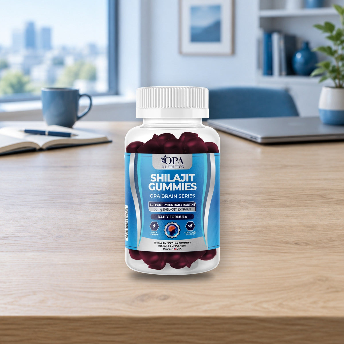 OPA Nutrition Shilajit Gummies gummies bottle in a daily routine setting