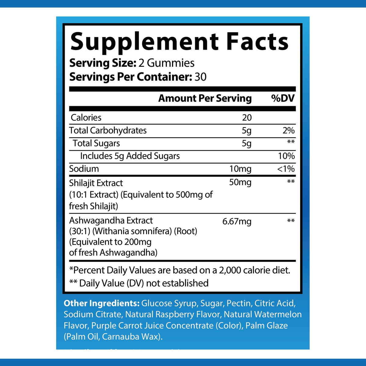 OPA Nutrition Shilajit Gummies Supplement Facts panel showing serving size and amounts per serving