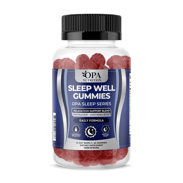 OPA Nutrition Sleep Well Gummies bottle, front label with 2 mg melatonin and chamomile blend