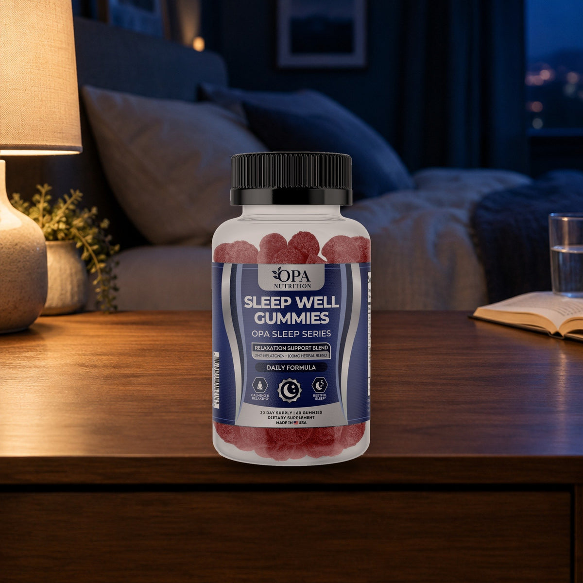 OPA Nutrition Sleep Well Gummies bottle in a daily routine setting