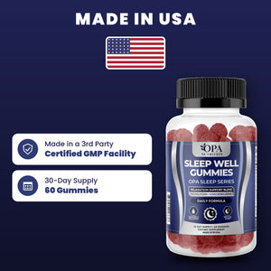 OPA Nutrition Sleep Well Gummies quality standards: made in a GMP facility, 30-day supply