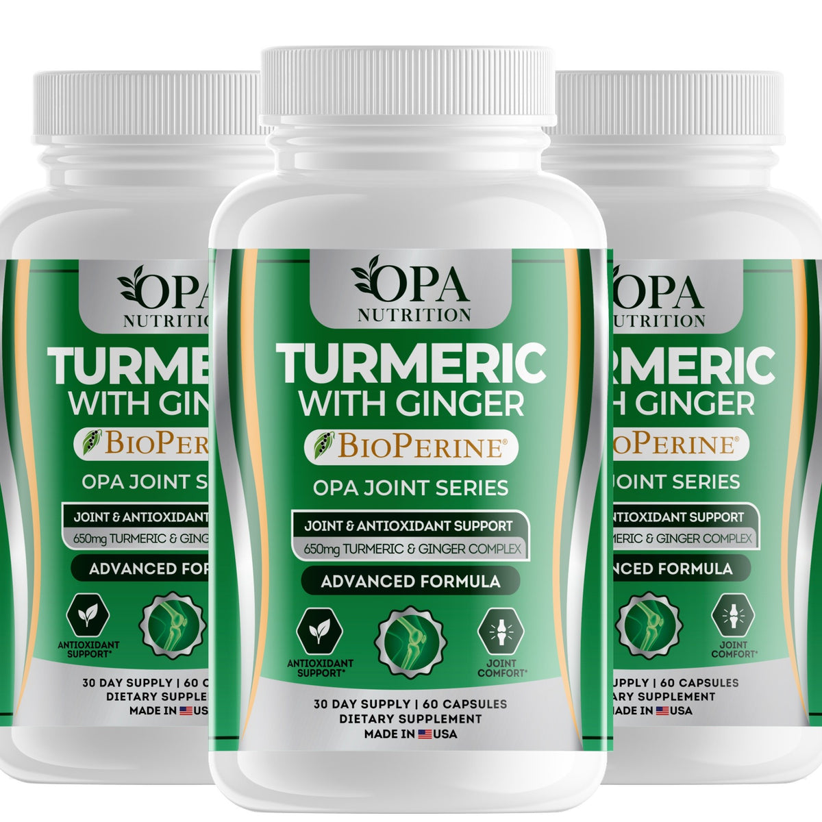 OPA Nutrition Turmeric with Ginger veggie capsules, 3-pack of bottles
