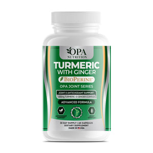 OPA Nutrition Turmeric with Ginger veggie capsules bottle, front label with organic turmeric, ginger and BioPerine