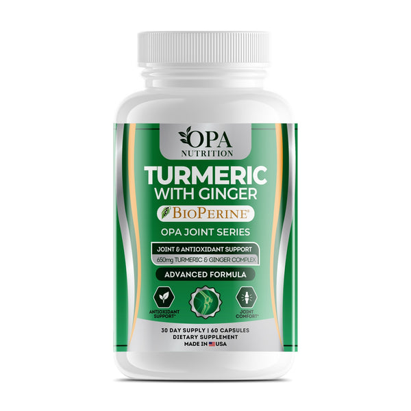 OPA Nutrition Turmeric with Ginger veggie capsules bottle, front label with organic turmeric, ginger and BioPerine