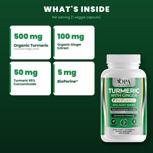 OPA Nutrition Turmeric with Ginger key ingredients: organic turmeric, ginger and BioPerine
