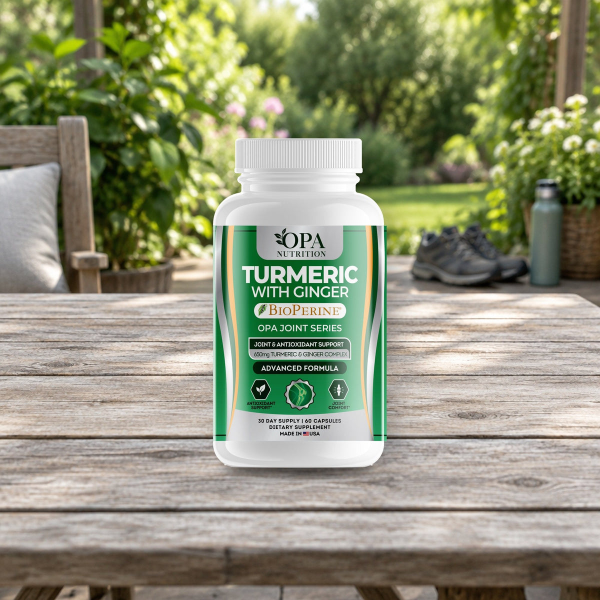 OPA Nutrition Turmeric with Ginger veggie capsules bottle in a daily routine setting