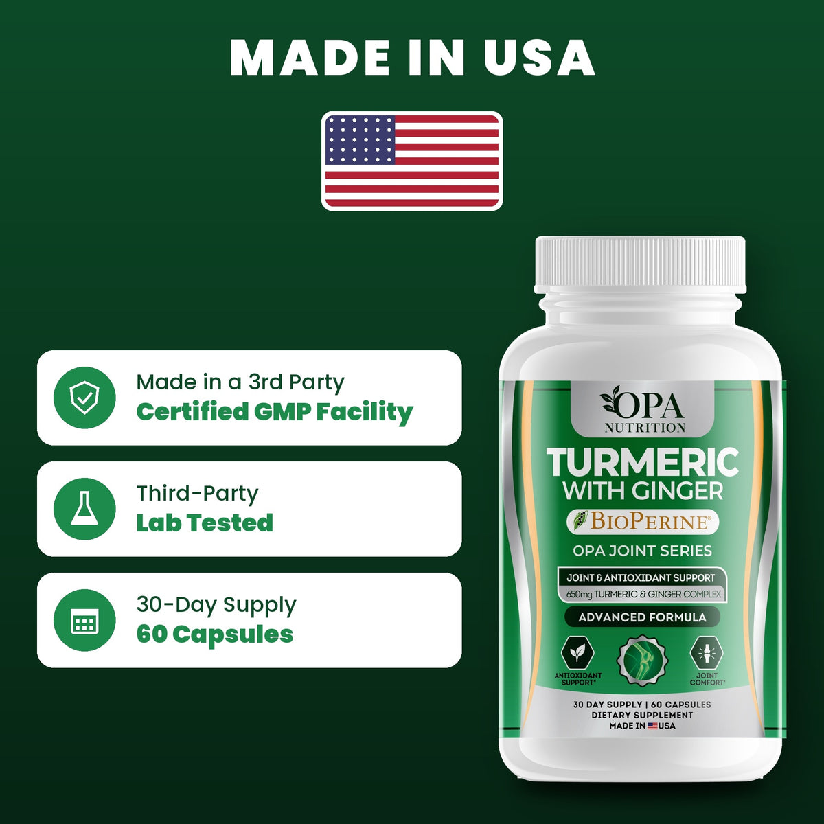 OPA Nutrition Turmeric with Ginger quality standards: made in a GMP facility, third-party lab tested, 30-day supply