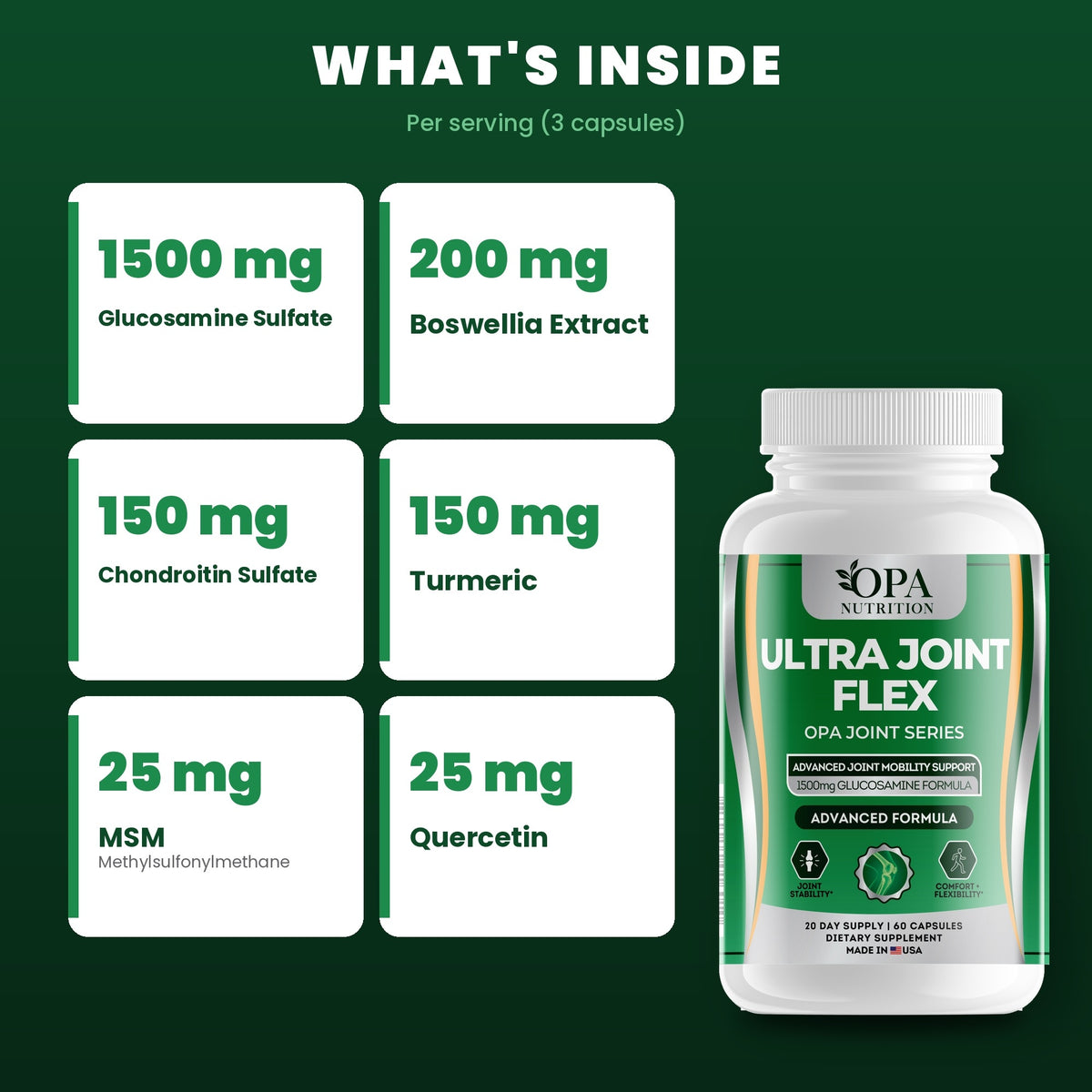 OPA Nutrition Ultra Joint Flex key ingredients: 1500 mg glucosamine sulfate and boswellia