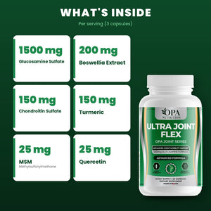 OPA Nutrition Ultra Joint Flex key ingredients: 1500 mg glucosamine sulfate and boswellia