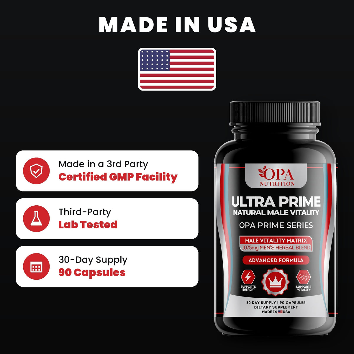 OPA Nutrition Ultra Prime quality standards: made in a GMP facility, third-party lab tested, 30-day supply