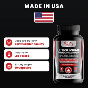 OPA Nutrition Ultra Prime quality standards: made in a GMP facility, third-party lab tested, 30-day supply