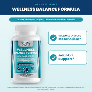 OPA Nutrition Wellness Balance Formula benefits graphic: supports glucose metabolism and antioxidant support