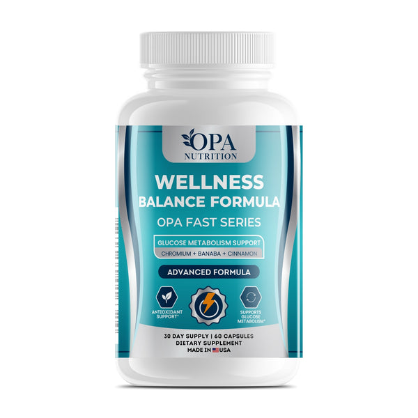 OPA Nutrition Wellness Balance Formula veggie capsules bottle, front label with chromium, banaba leaf and cinnamon
