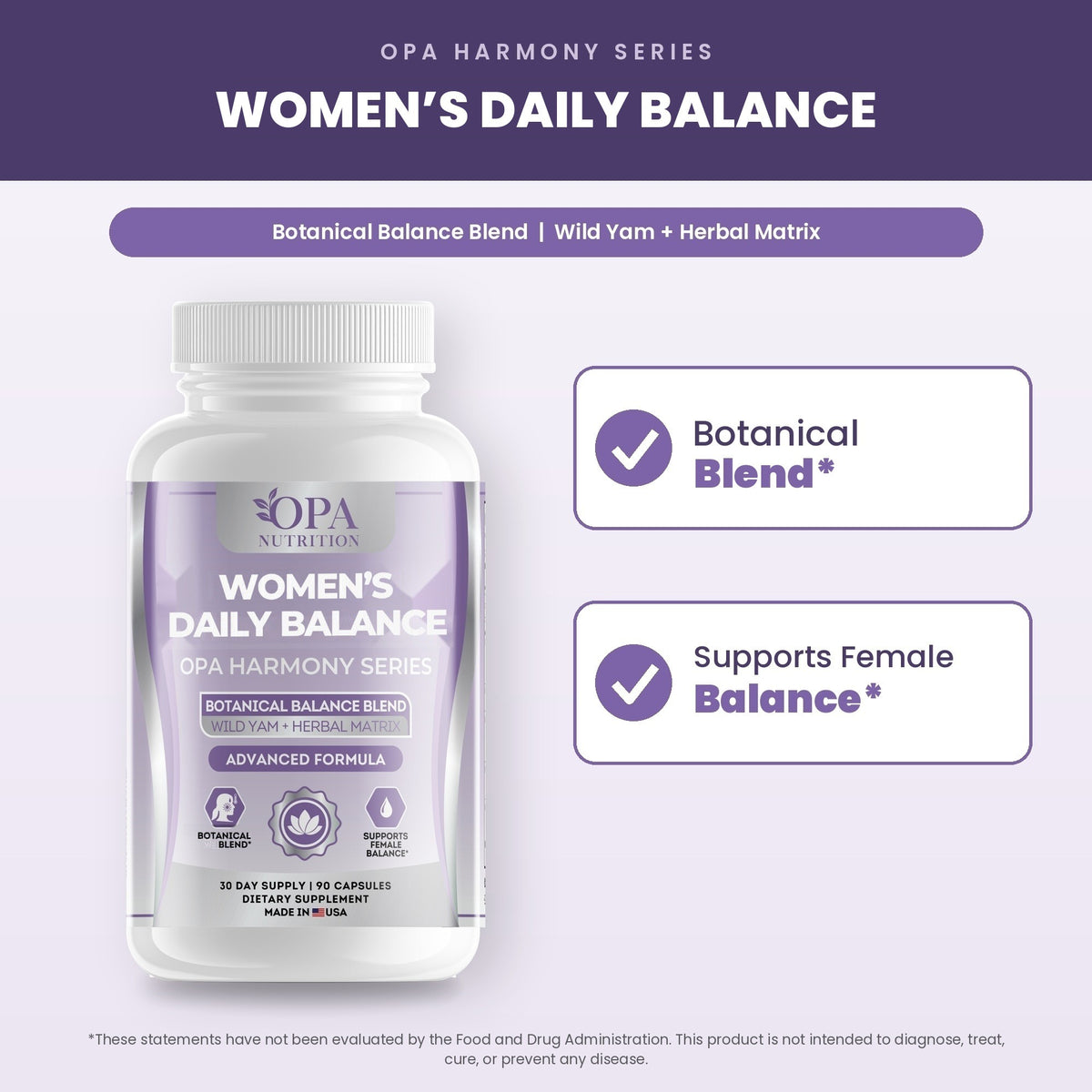 OPA Women’s Daily Balance overview graphic: botanical balance blend with wild yam and herbal matrix
