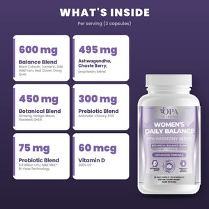 OPA Women’s Daily Balance what’s inside per 3-capsule serving: balance, mood, botanical, prebiotic and probiotic blends with vitamin D