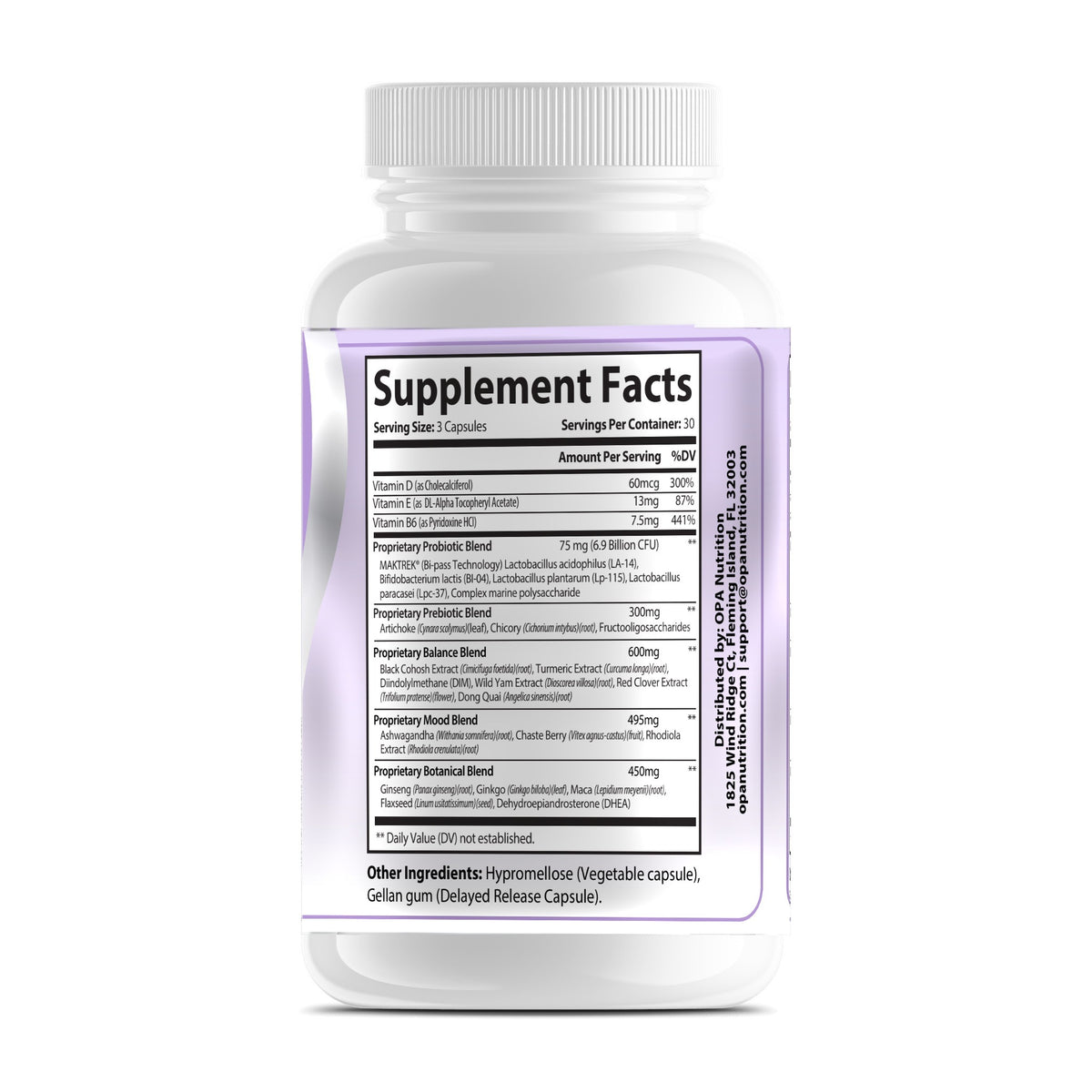 OPA Women’s Daily Balance bottle back showing the Supplement Facts panel