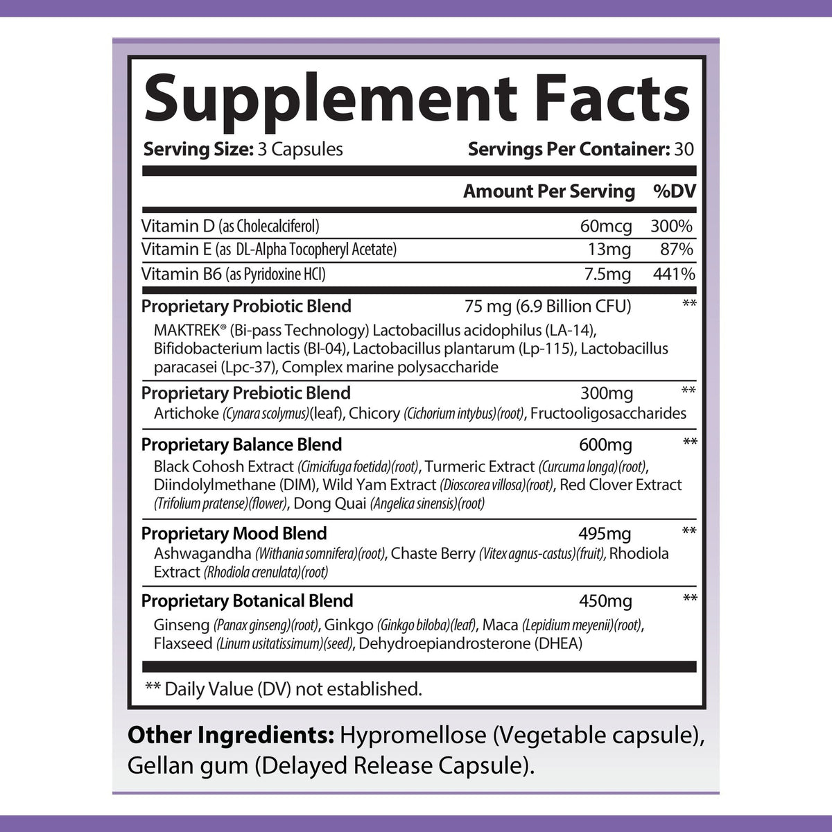 OPA Women’s Daily Balance Supplement Facts: serving size 3 capsules, 30 servings per container