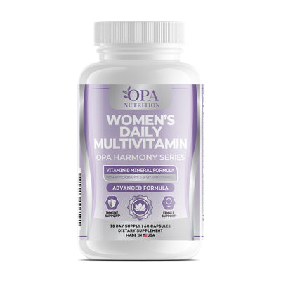 OPA Nutrition Women's Daily Multivitamin capsules bottle, front label with vitamins, minerals and antioxidants