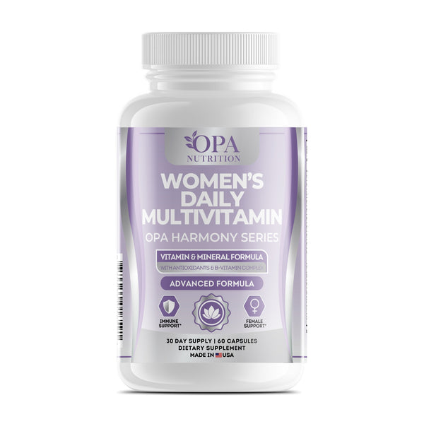 OPA Nutrition Women's Daily Multivitamin capsules bottle, front label with vitamins, minerals and antioxidants