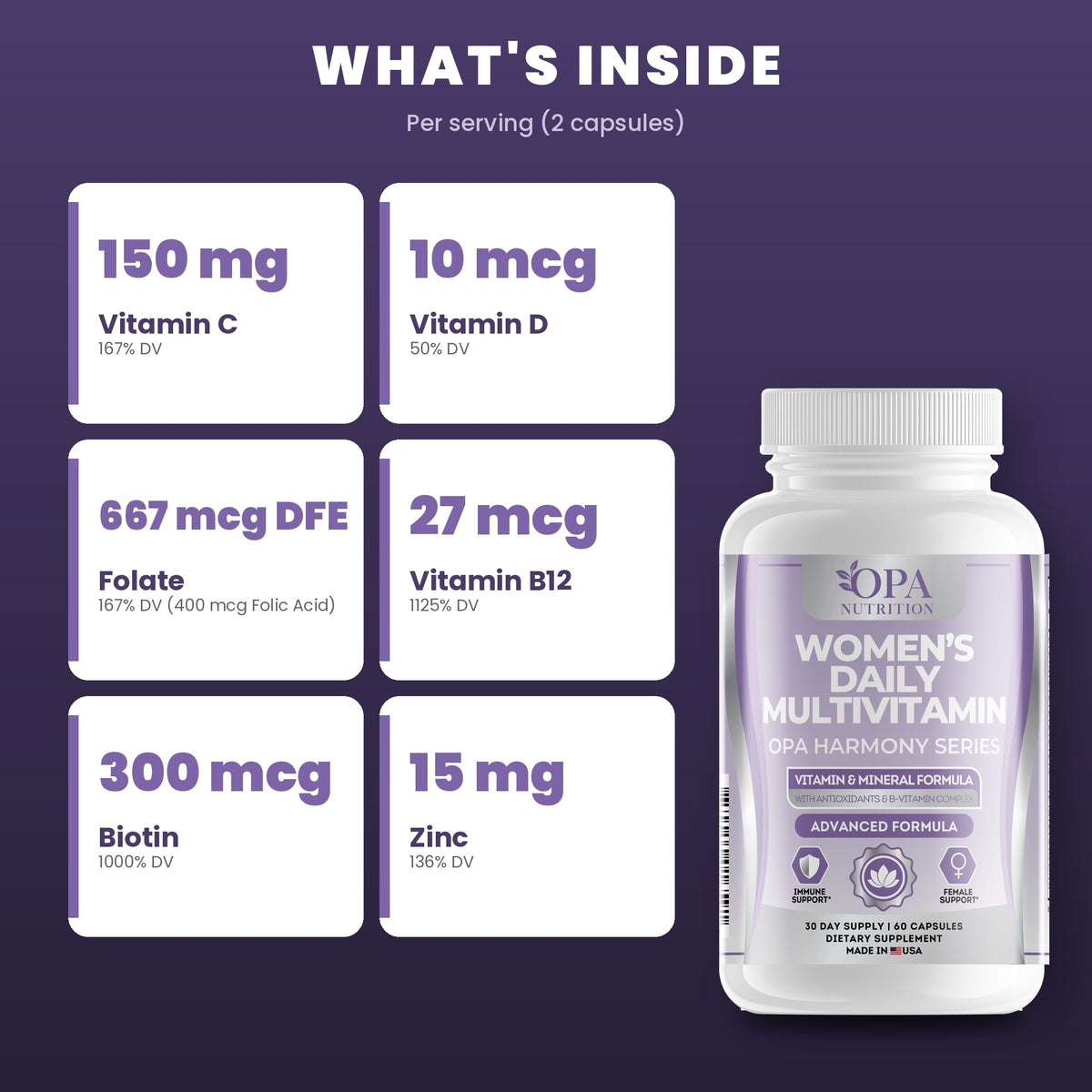 OPA Nutrition Women's Daily Multivitamin key ingredients: vitamins, minerals and antioxidants