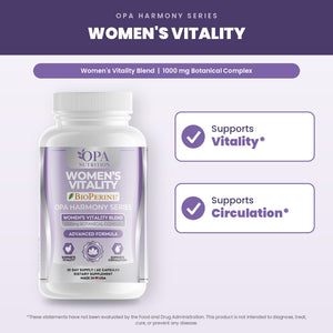 OPA Nutrition Women's Vitality benefits graphic: supports vitality and supports circulation