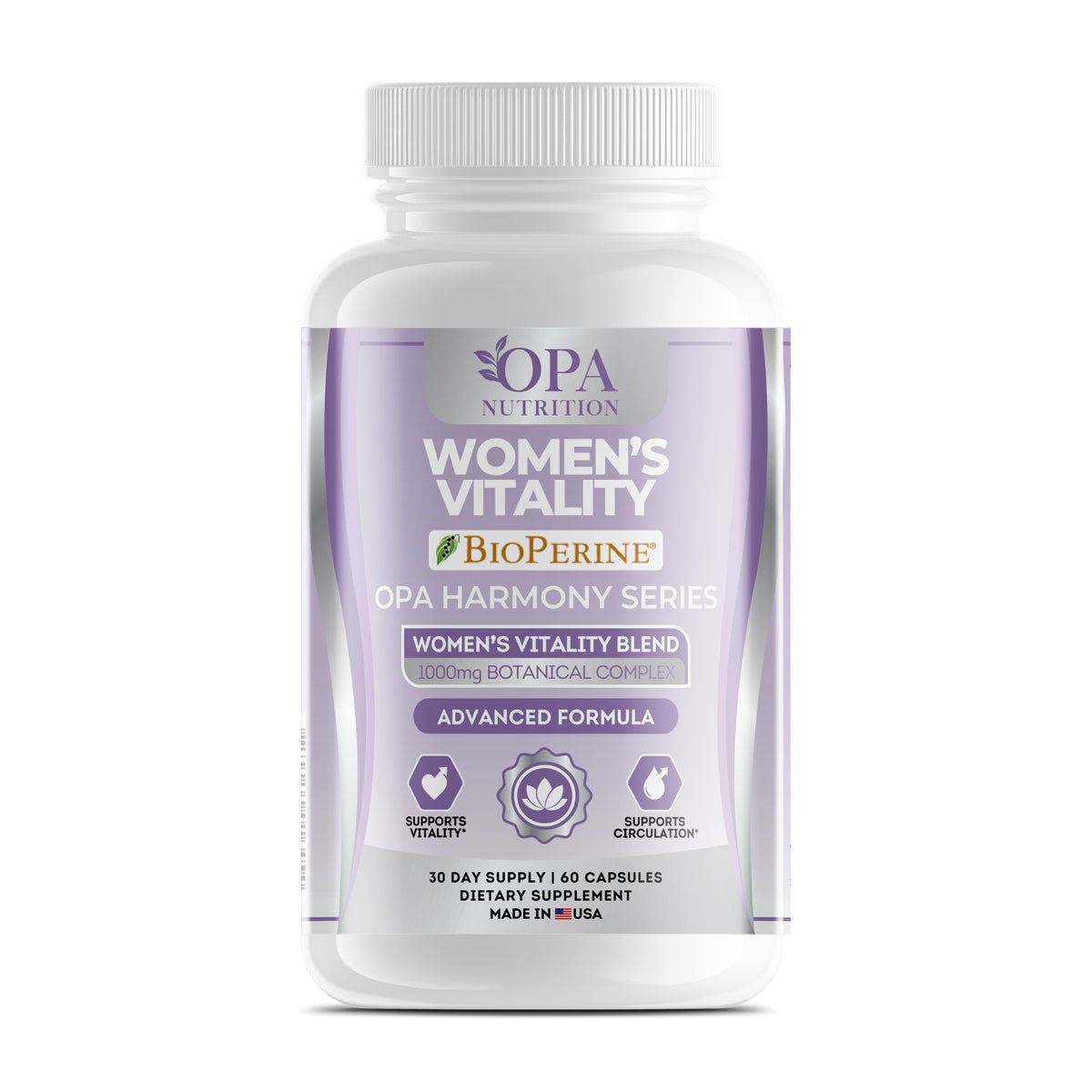 OPA Nutrition Women's Vitality capsules bottle, front label with botanical complex with BioPerine