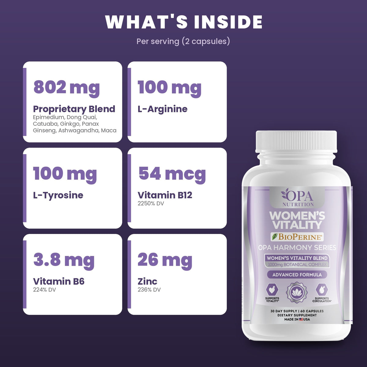 OPA Nutrition Women's Vitality key ingredients: botanical complex with BioPerine